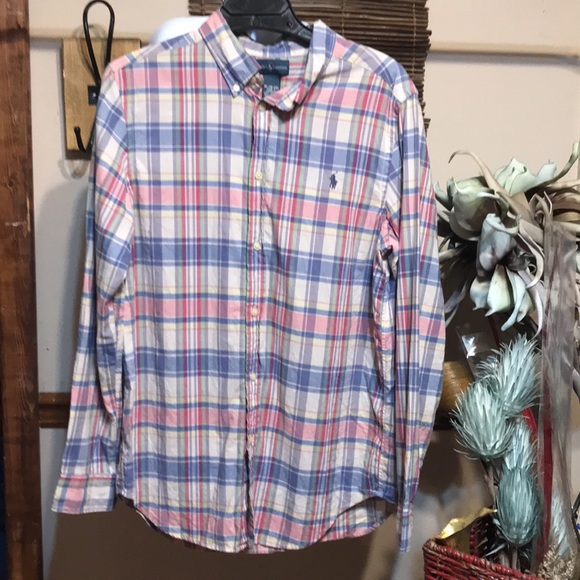 🚨B2G1 POLO RALPH LAUREN Soft Blue Pink Yellow White Striped Sleeved Button Up - Picture 1 of 6
